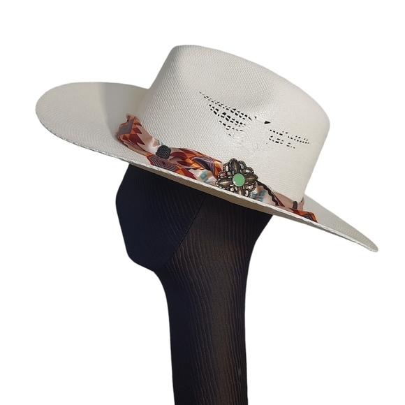 Stone Spirit Western Ivory Straw Cowgirl Hat Turquoise Concho Size M main image 14
